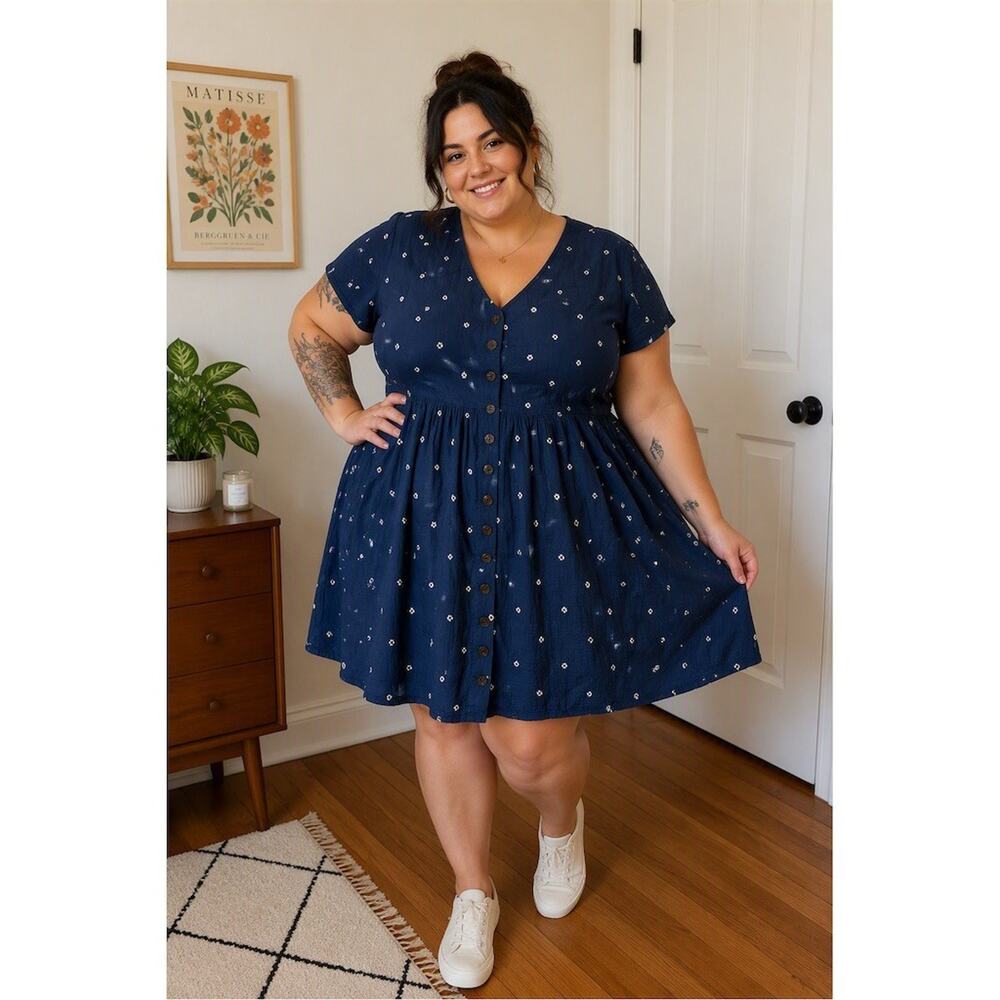 Madewell Dress Womens Size XXL Blue Ditsy Floral Button Front Mini V-Neck